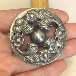 Vintage Sterling Silver Floral Brooch Mexico 925 Heavy Sterling Silver